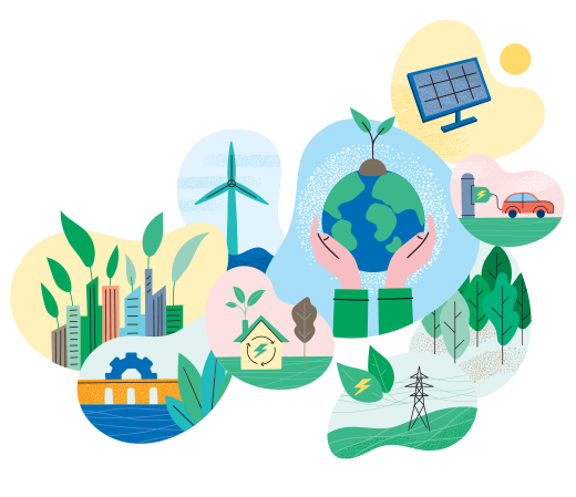This image depicts various clean energy projects, including solar panels, electric cars, wind turbines, hydropower, and green homes.
